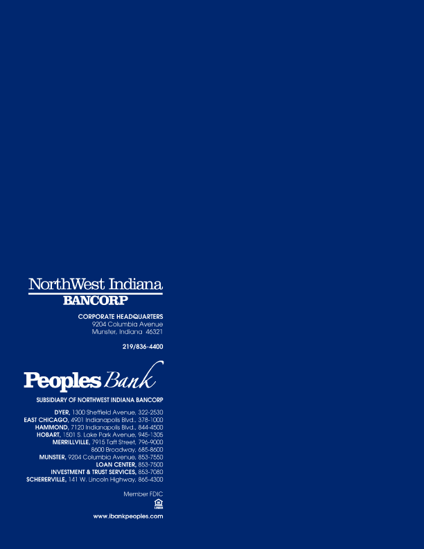 (NORTHWEST INDIANA BANCORP BACK COVER)